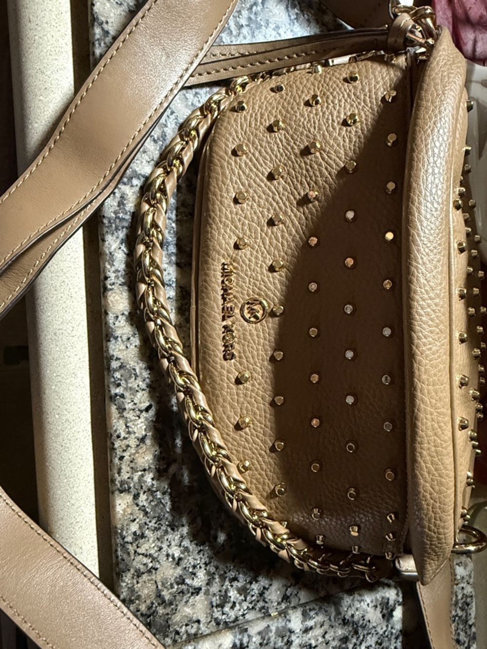 Michael Kors Tan Pebbled Leather Belt bag/Crossbody bag with Gold Studs